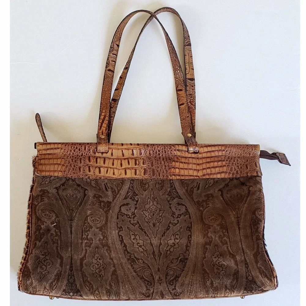 Rare Clever Carriage Company Brown Pony Hair Croc Embossed Leather Large Tote